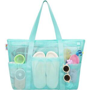 Mesh Beach Bag with Zipper Large Beach Tote Waterproof Sandproof with 8 Pockets